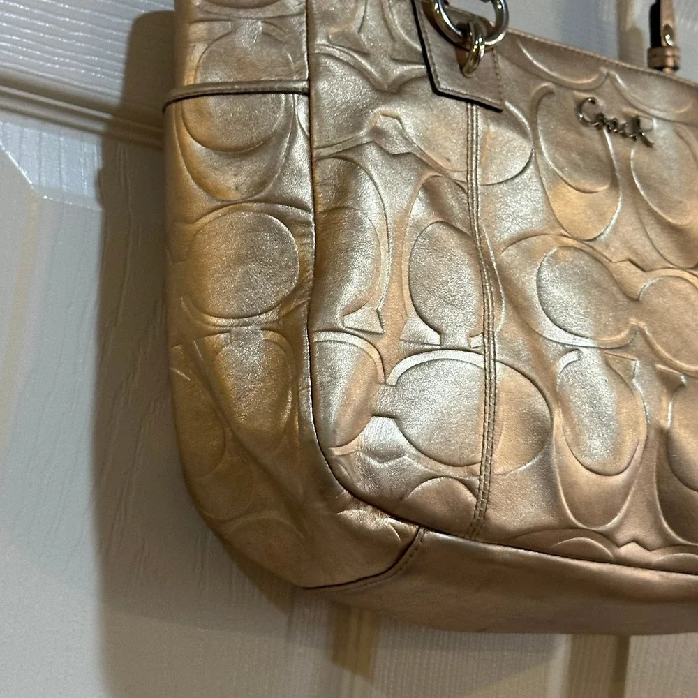 Coach Metallic Gold Leather Signature C‎ Embossed Tote Shoulder Bag Handbag